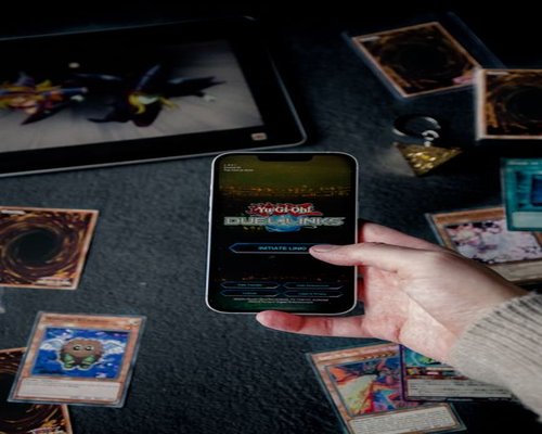 Central smartphone showing the fictional Crown Prism Journey game